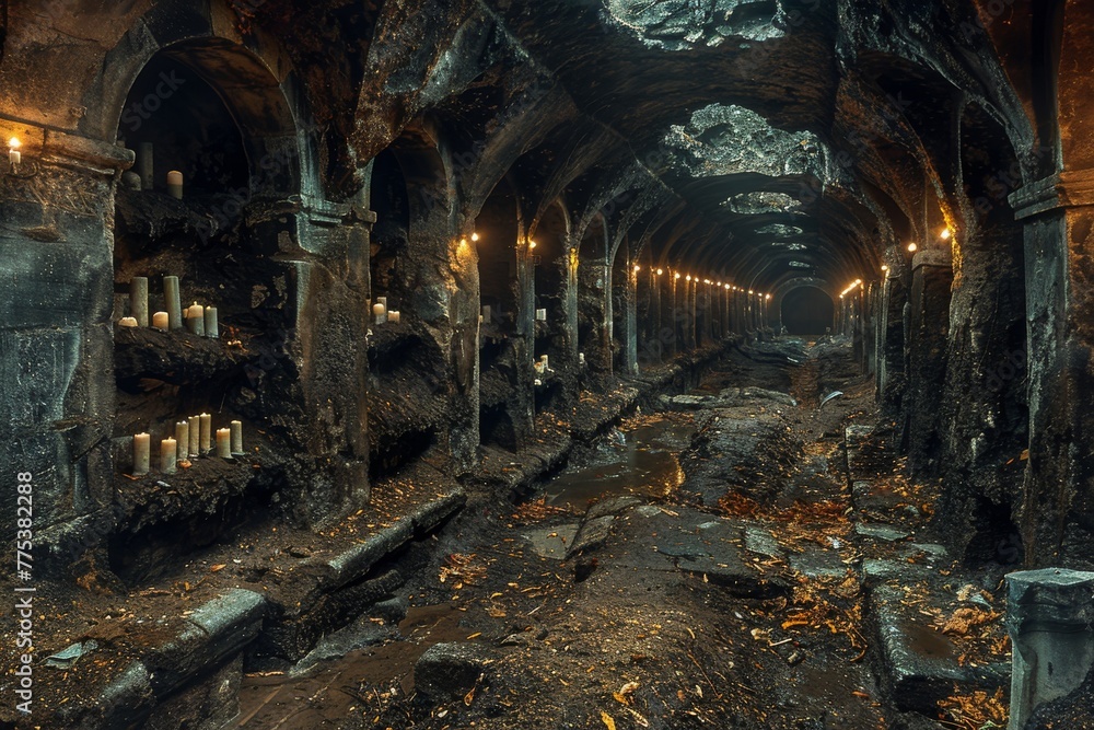 Autumn Leaves Adorn the Ancient Catacombs Lit by Candles at Dusk