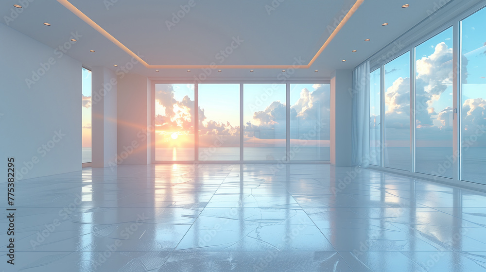 Fototapeta premium dream home concept, empty modern room with sea and dawn outside panoramic windows