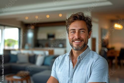 Portrait of smiling man standing with arms crossed in living room at home