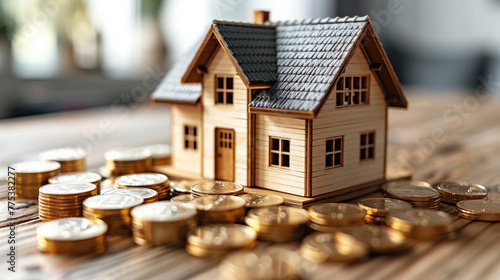 House model and coins on wooden table, real estate investment concept.