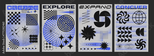 Set Of Cool Futuristic Trendy Brutalist Posters. Collection Of Abstract Geometric Pattern Shapes.