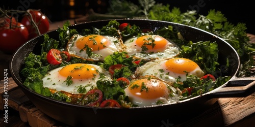 Farm-to-Table Breakfast: Fried Eggs with Fresh Vegetables in a Rustic Frying Pan. Culinary Harmony on a Wooden Canvas, Morning Delight Captured
