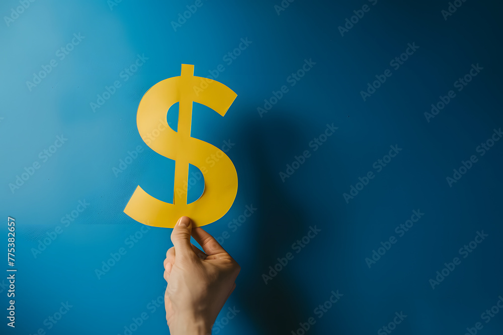 Hand Holding Golden Dollar Sign Against Blue Background Symbolizing Financial Success and Economy Hand Holding Golden Dollar Sign Against Blue Background Symbolizing Financial Success and Economy