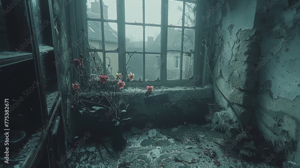  Flowers grow out of window sill in dilapidated building