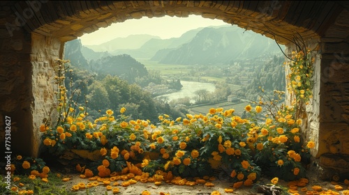   A window showcases a valley, river, and yellow flowers in the foreground