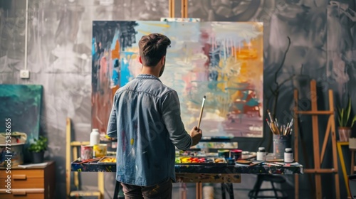 Contemporary artist in studio focusing on a colorful abstract painting
