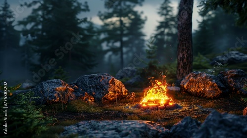 Friends around campfire in wilderness