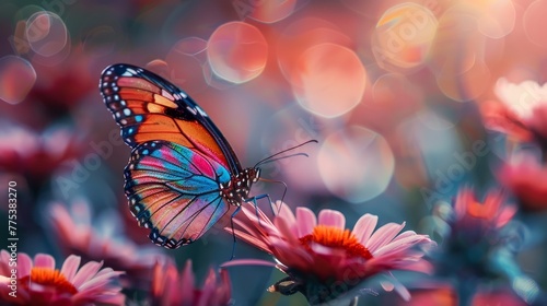 Vibrant butterfly on blooming flower with detailed iridescent wings in high res macro photo