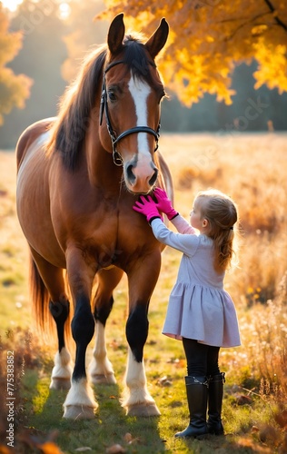 Cute little girl with her horse on nature meadow. Generative AI