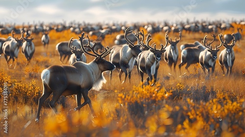 Herds of caribou migrating across the tundra