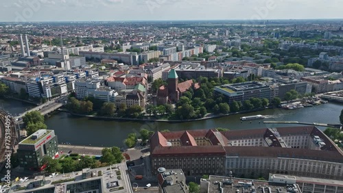 Aerial drone view of Märkisches Museum . Riverside museum with archaeological artifacts plus displays on life, art and culture in Berlin , Germany . 