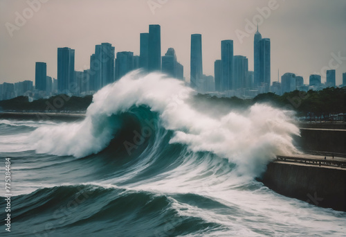 Tsunami hits city, giant sea waves attack buildings.