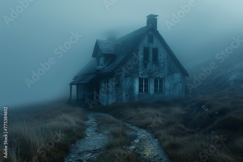 Mysterious Abandoned House in a Misty Field at Twilight