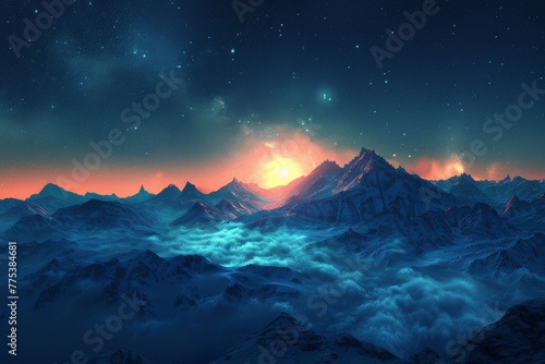 Majestic Sunset Over Snow-Covered Mountains Under a Starry Sky