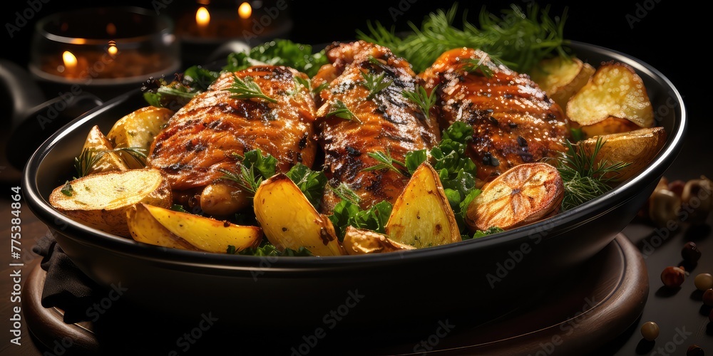 Bird's-eye view of seasoned chicken and potatoes on a dark surface. Imagine the tempting aroma of the cooked dish. Golden brown chicken and crispy potatoes,