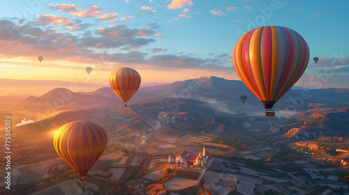 Hot air balloons drifting over a patchwork landscape