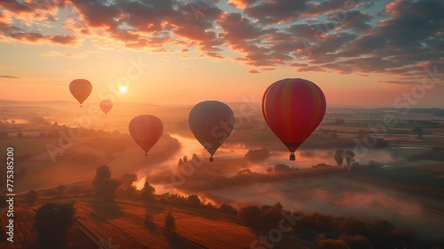 Hot air balloons floating above the countryside