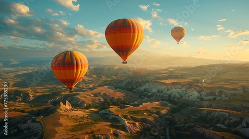 Hot air balloons drifting over a patchwork landscape photo