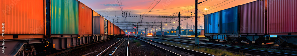 Railroad container shipping, global transportation, supply chain logistics - obrazy, fototapety, plakaty 