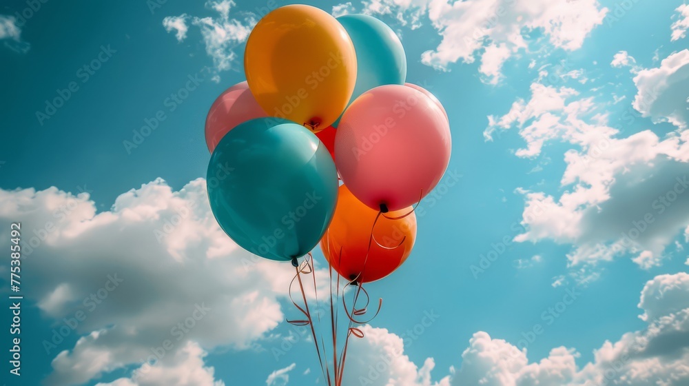   A cluster of balloons soaring against a backdrop of blue sky and white clouds with scattered clouds above