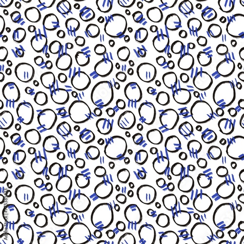 Seamless abstract textured pattern. Simple background black, blue, white. Circles, dots, lines. Digital brush strokes. Design for textile fabrics, wrapping paper, background, wallpaper, cover.