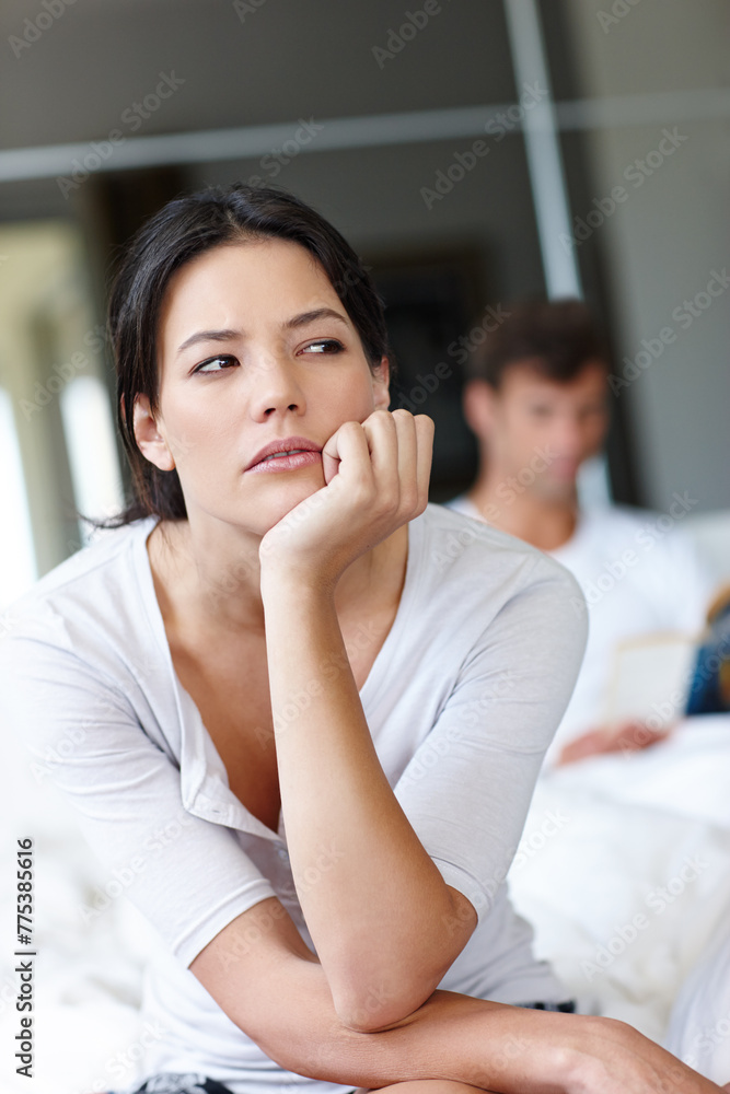 Woman, hand and thinking in bedroom with stress for breakup, dating problems and tension. Female person, thoughtful and sadness at home with upset, frustrated and unhappy for relationship trouble