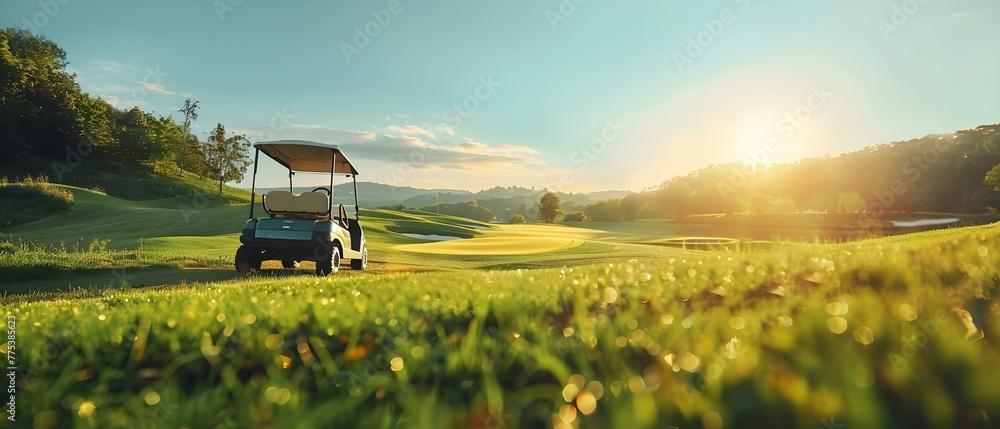 Golfers enjoying a sunny day on a scenic resort course with a golf cart and blurred motion. Concept Golf Outing, Resort Course, Sunny Day, Golf Cart, Blurred Motion - obrazy, fototapety, plakaty 