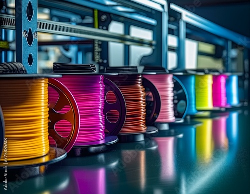 Innovation Unwound: Closeup of Colorful Plastic Filaments on 3D Printer Spools for Additive Manufacturing photo