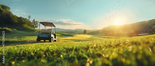 Golfers enjoying a sunny day on a scenic resort course with a golf cart and blurred motion. Concept Golf Outing, Resort Course, Sunny Day, Golf Cart, Blurred Motion photo