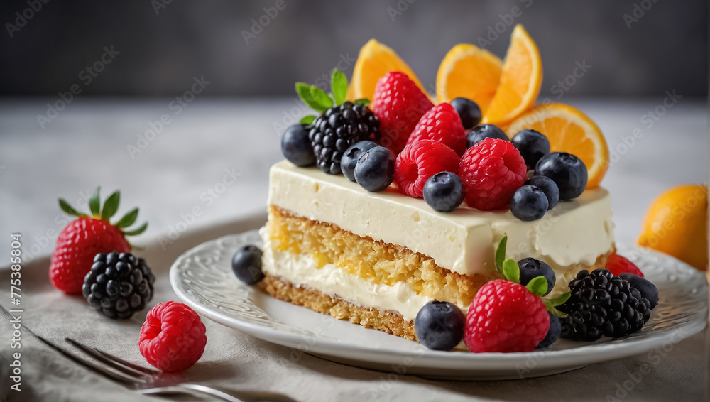 Delicious cake with berries on the table Delicious cake with berries on the table