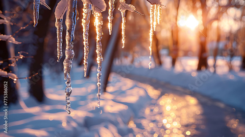 Icicles hanging from branches like delicate ornaments along a wintry pathway photo