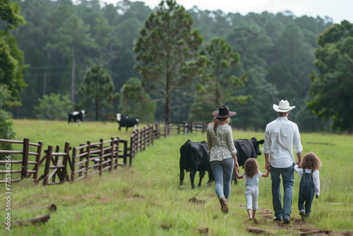 Family Stroll Through Countryside With Cattle