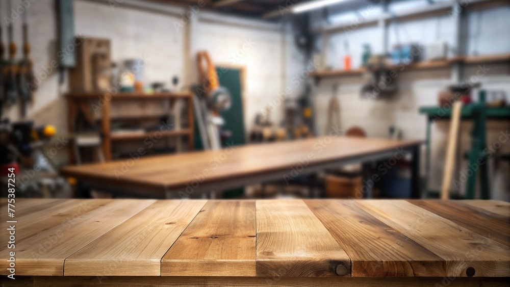 A wooden tabletop with ample space for text or images. A workshop setting serves as the background.