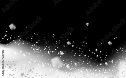 Bath foam isolated on a black background. Shampoo bubbles texture.Sparkling shampoo and bath lather vector illustration.