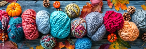 Banner of balls of colorful knitting thread with autumn leaves and pumpkins on wooden blue background