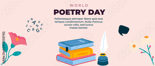 World Poetry Day  horizontal banner template with book , pen, pencil . Vector illustration 