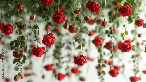  A photo captures close-up red roses dangling from a green-leafed ceiling