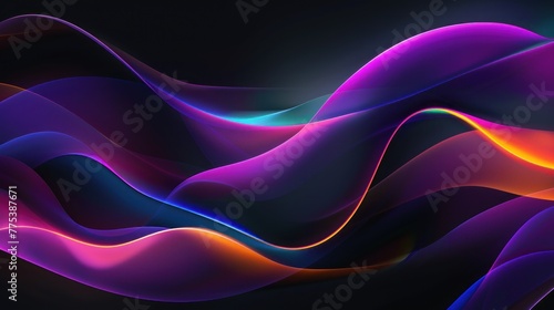 Futuristic modern abstract digital wave lines with neon light on black background. AI generated