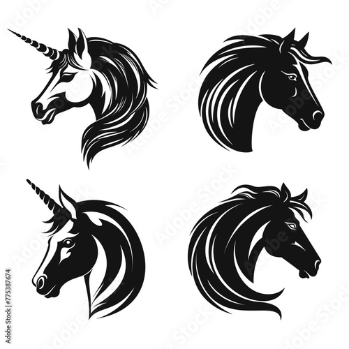 Unicorn and horse head logo mascot on white background. Vector set. Hunt symbol.