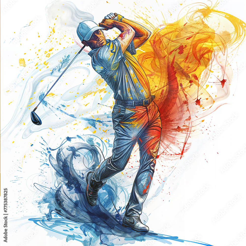 A man in a blue shirt, pants and a hat, swinging a golf club, striking a ball, surrounded by splatters of red, orange, yellow and blue paint. The gofer is isolated on white background. A man in a blue shirt, pants and a hat, swinging a golf club, striking a ball, surrounded by splatters of red, orange, yellow and blue paint. The gofer is isolated on white background.