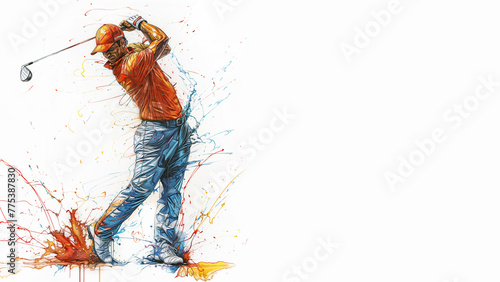 A man in a red shirt, blue pants and a hat, swinging a golf club, striking a ball, surrounded by splatters of red, orange, yellow and blue paint, isolated on white background. Copy space, 16:9