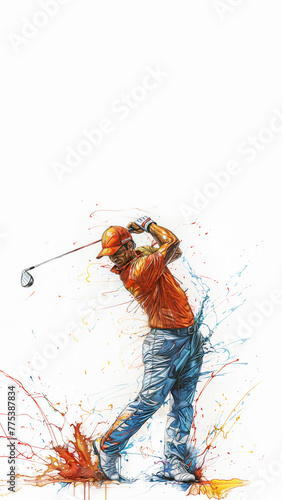 A man in a red shirt, blue pants and a hat, swinging a golf club, striking a ball, surrounded by splatters of red, orange, yellow and blue paint, isolated on white background. Copy space, 9:16