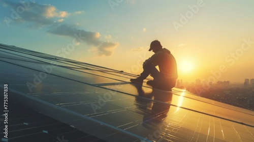 A professional technician installing solar panels energy at roof top at sunset day. AI generated © atapdesain