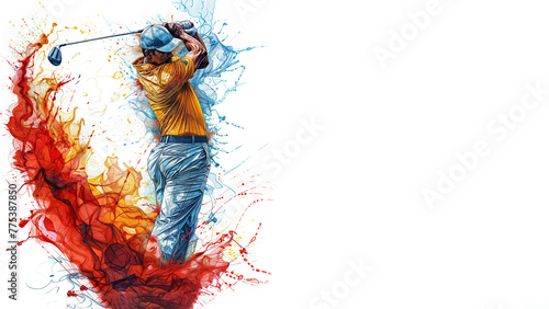 A man in a yellow shirt, blue pants and a hat, swinging a golf club, striking a ball, surrounded by splatters of red, orange, yellow and blue paint, isolated on white background. Copy space, 16:9