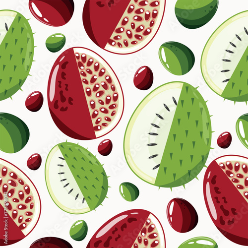 Easter seamless pattern with decorated eggs with soursap, garnet and green, red eggs for holiday poster, textile or packaging