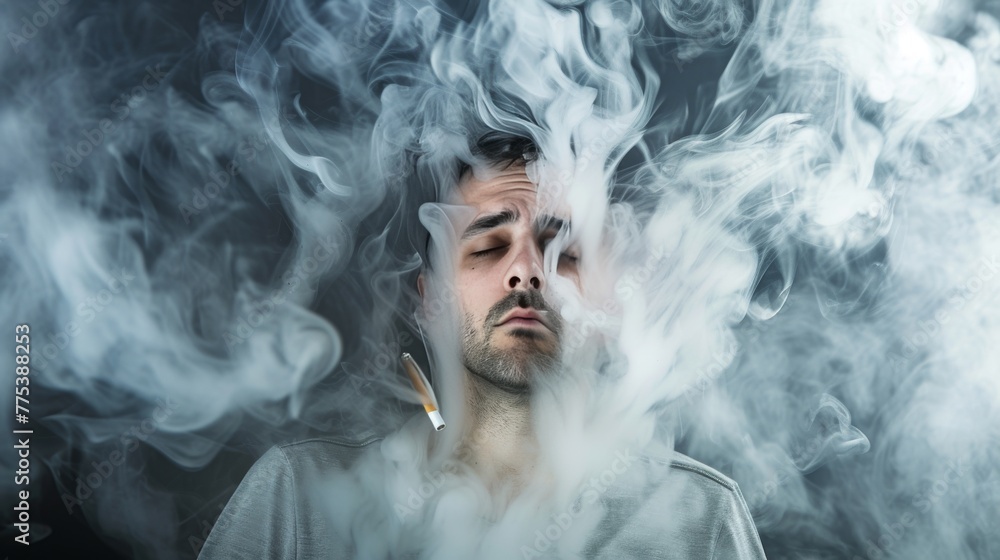 man surrounded by a swirl of cigarette smoke, with a dazed and depressed expression on his face, emphasizing the suffocating effects of smoking --no text, titles --ar 16:9 --quality 0.5 --stylize 0 man surrounded by a swirl of cigarette smoke, with a dazed and depressed expression on his face, emphasizing the suffocating effects of smoking --no text, titles --ar 16:9 --quality 0.5 --stylize 0