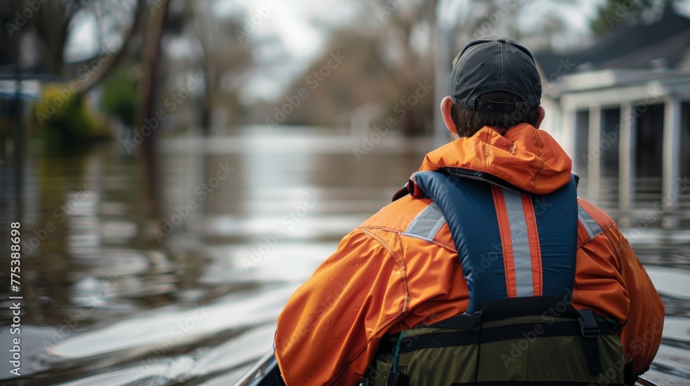 Flood rescue operation in action with boat captain navigating flooded area Flood rescue operation in action with boat captain navigating flooded area