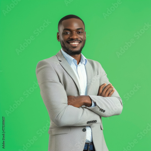 lifestyle photo Happy, arms crossed and portrait of man on green screen for confident, fashion and elegant African American.