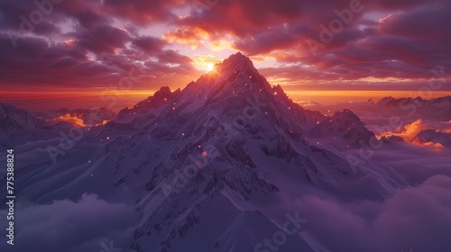 A mountain shrouded in clouds bathed in sunset light with the sun partially visible behind the cloud cover