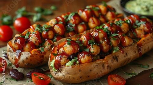  Two baked potatoes covered in sauce, garnished with green garnish and cherry tomatoes in a close-up photo